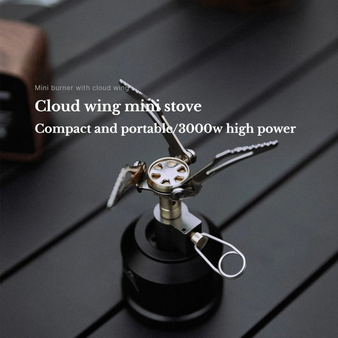 3000W Mini Camping Gas Stove 48g Portable Pocket Burner Folding Outdoor Cooker Hiking Picnic Cooking Furnace Cloud Wing Silver Grey 8.5×6.5cm