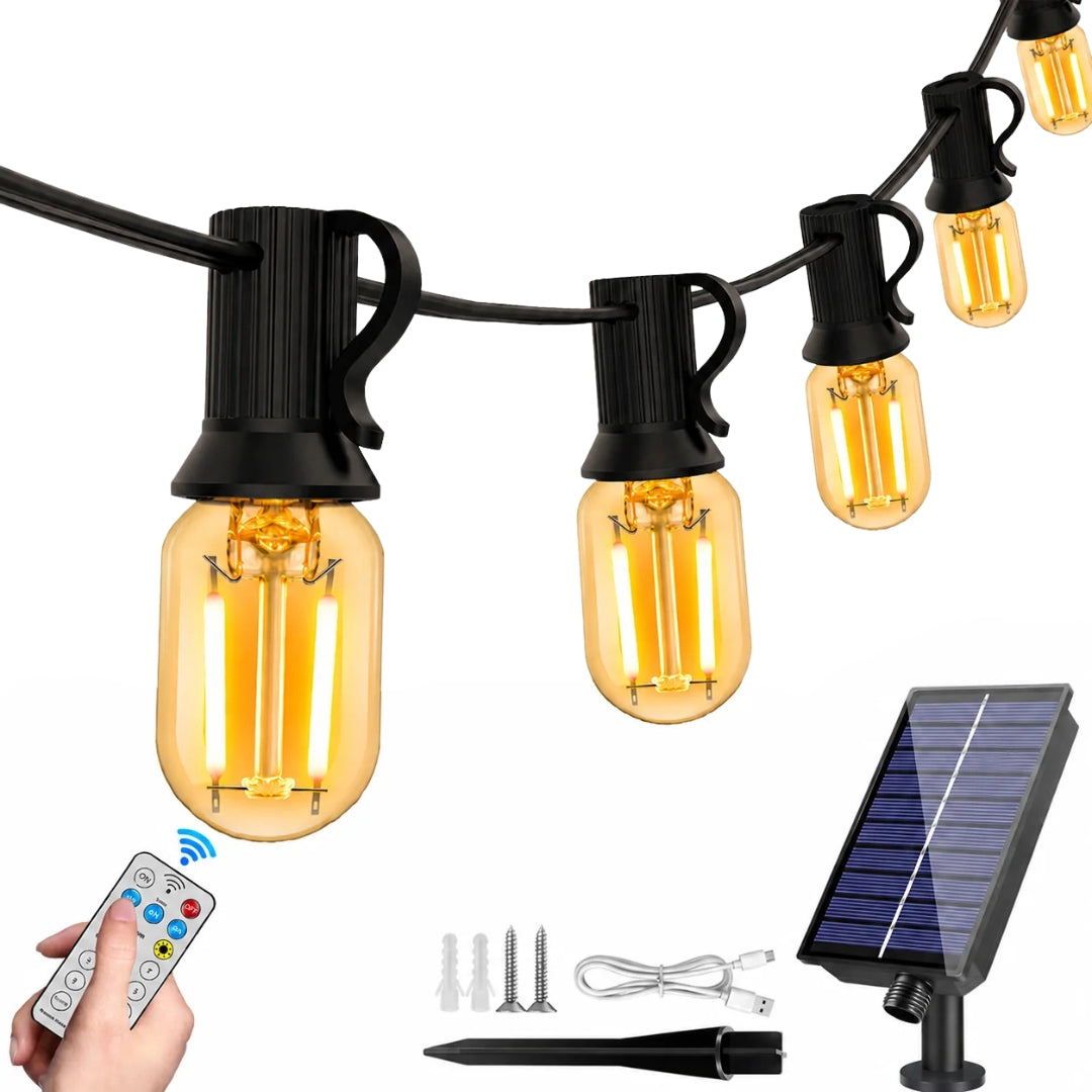 Outdoor Solar String Lights E12 Glass T22 Amber LED Retro Bulbs Waterproof Patio Garden Backyard Bistro 18m 30 Bulbs