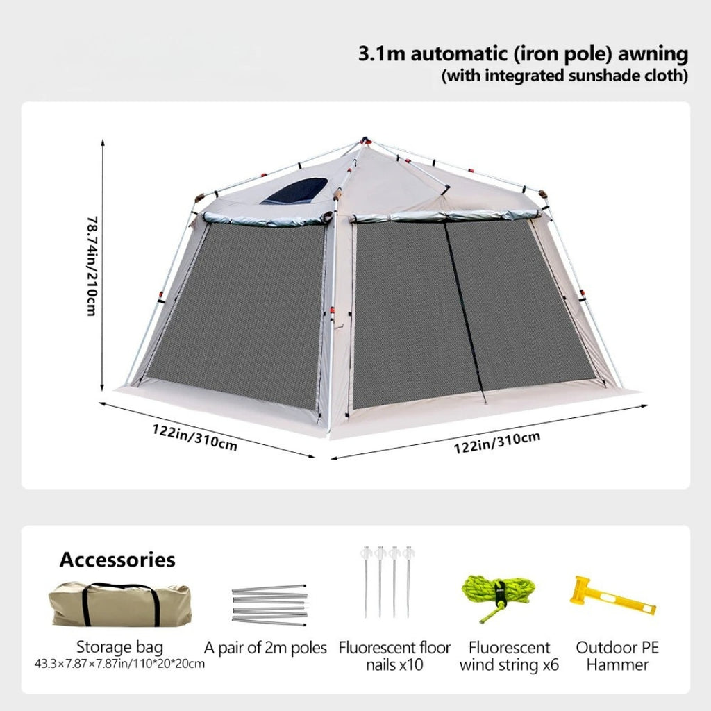 Automatic Quick Open Camping Tent Waterproof Sunshade Canopy Iron Poles Mosquito Net Outdoor Shelter Grey 310 × 310 × 210cm