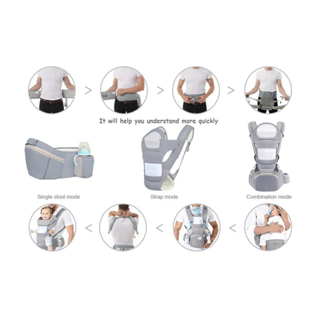 Ergonomic Baby Carrier Multifunctional Waist Stool Infant Toddler Kangaroo Bag Adjustable Front Back Carry Cotton Gray