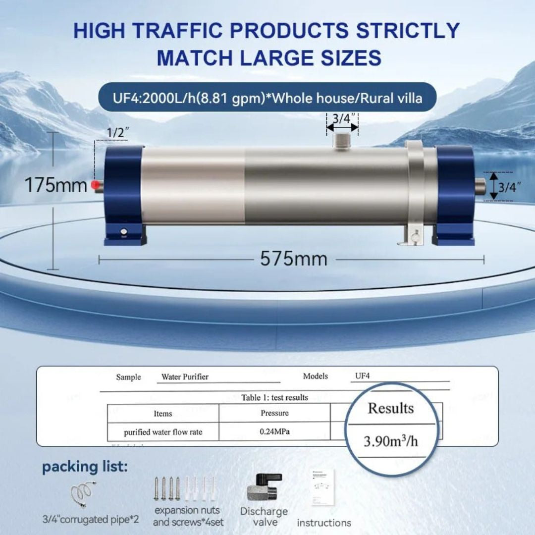 House Water Filter System 3000L/H Ultrafiltration Purifier with 0.01 Micron PVDF Membrane 57.5cm