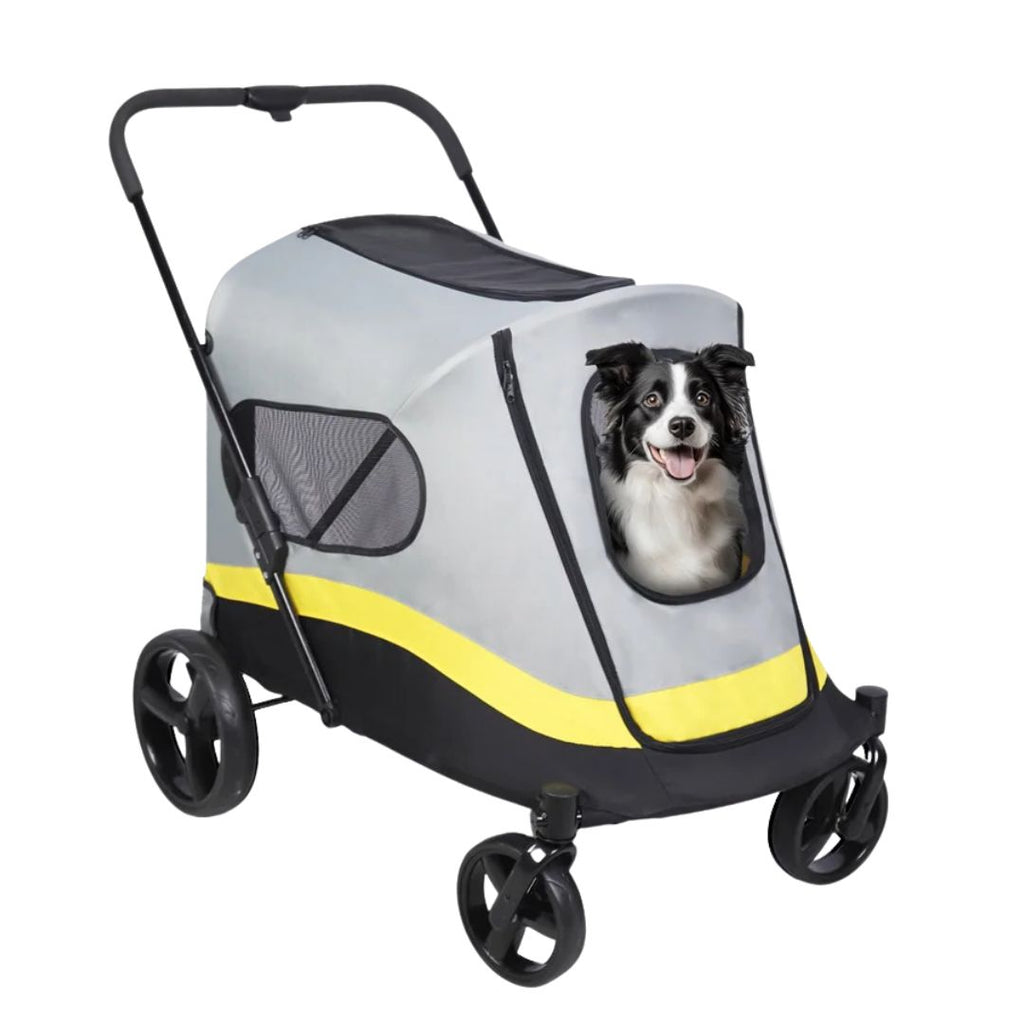 Dog Stroller Foldable 4 Wheel Pet Travel Stroller with Rain Cover Grey & Light Yellow & Black 74x90x103cm
