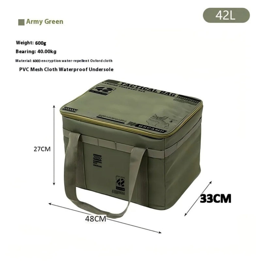 42L Insulated Waterproof Tactical Camping Storage Bag Foldable Picnic Tableware Cooking Gear Box Outdoor Organizer Green