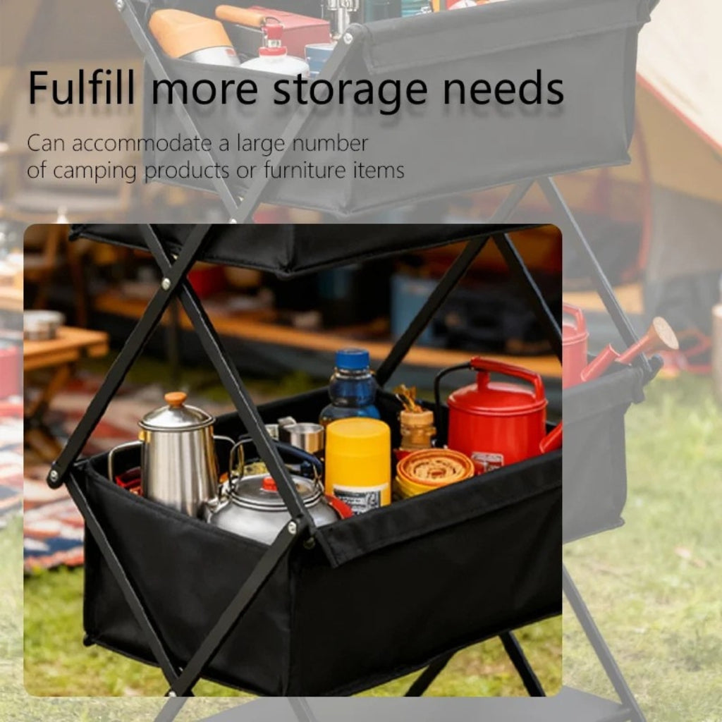 3 Layer Folding Camping Storage Rack Outdoor BBQ Shelf Multifunctional Portable Organiser Stand Black 31 × 42 × 79cm