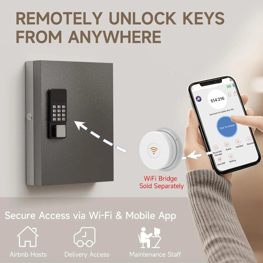 Key Lock Box 32 Key Wall Mounted Storage Cabinet with Bluetooth App Access PIN Code Unlocking and WiFi Gateway Black