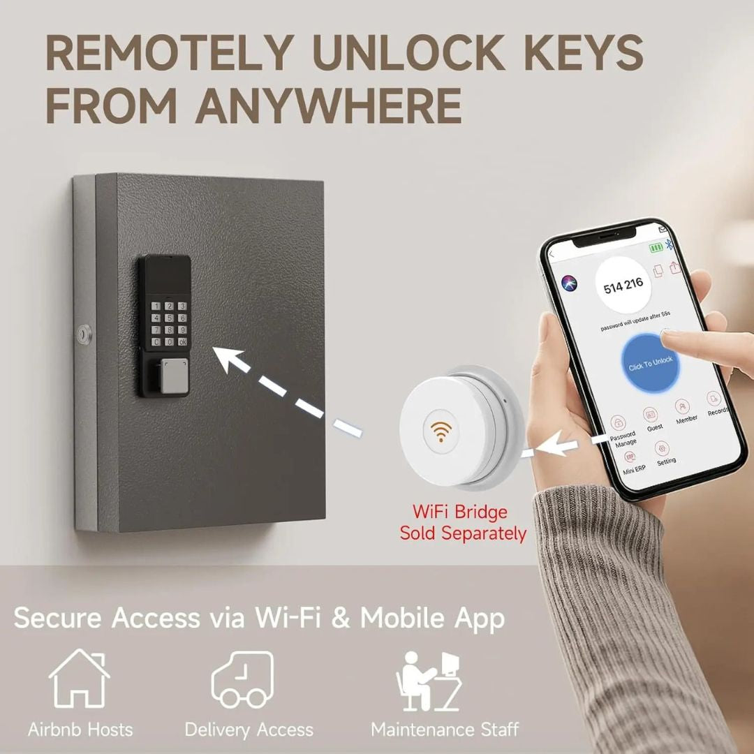 Key Lock Box 32 Key Wall Mounted Storage Cabinet with Bluetooth App Access PIN Code Unlocking and WiFi Gateway Black