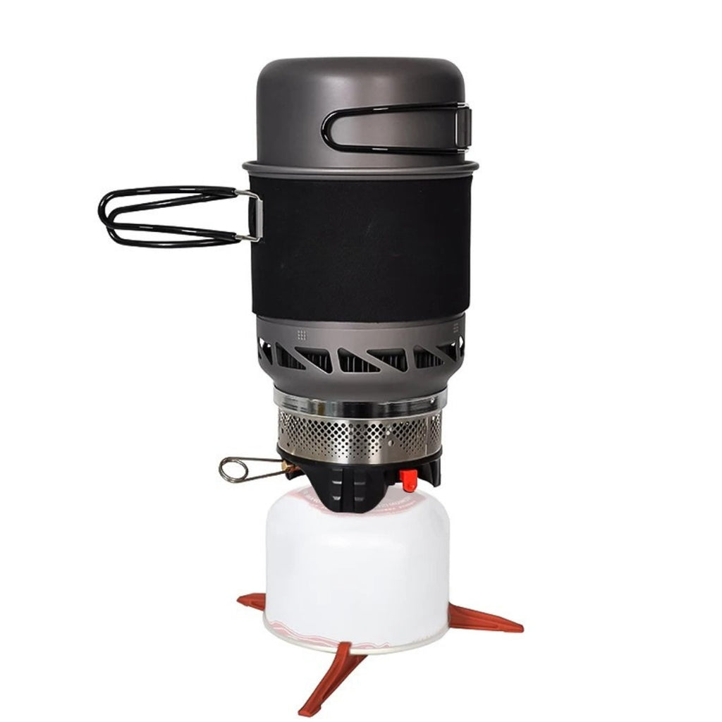 Camping Cooking Set with Stove Pot Pan Heat Exchanger Outdoor Propane Cookware Gear Black 1L 13.5 × 13cm