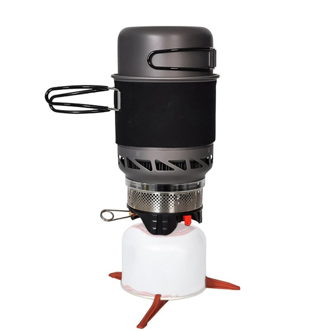 Camping Cooking Set with Stove Pot Pan Heat Exchanger Outdoor Propane Cookware Gear Black 1L 13.5 × 13cm