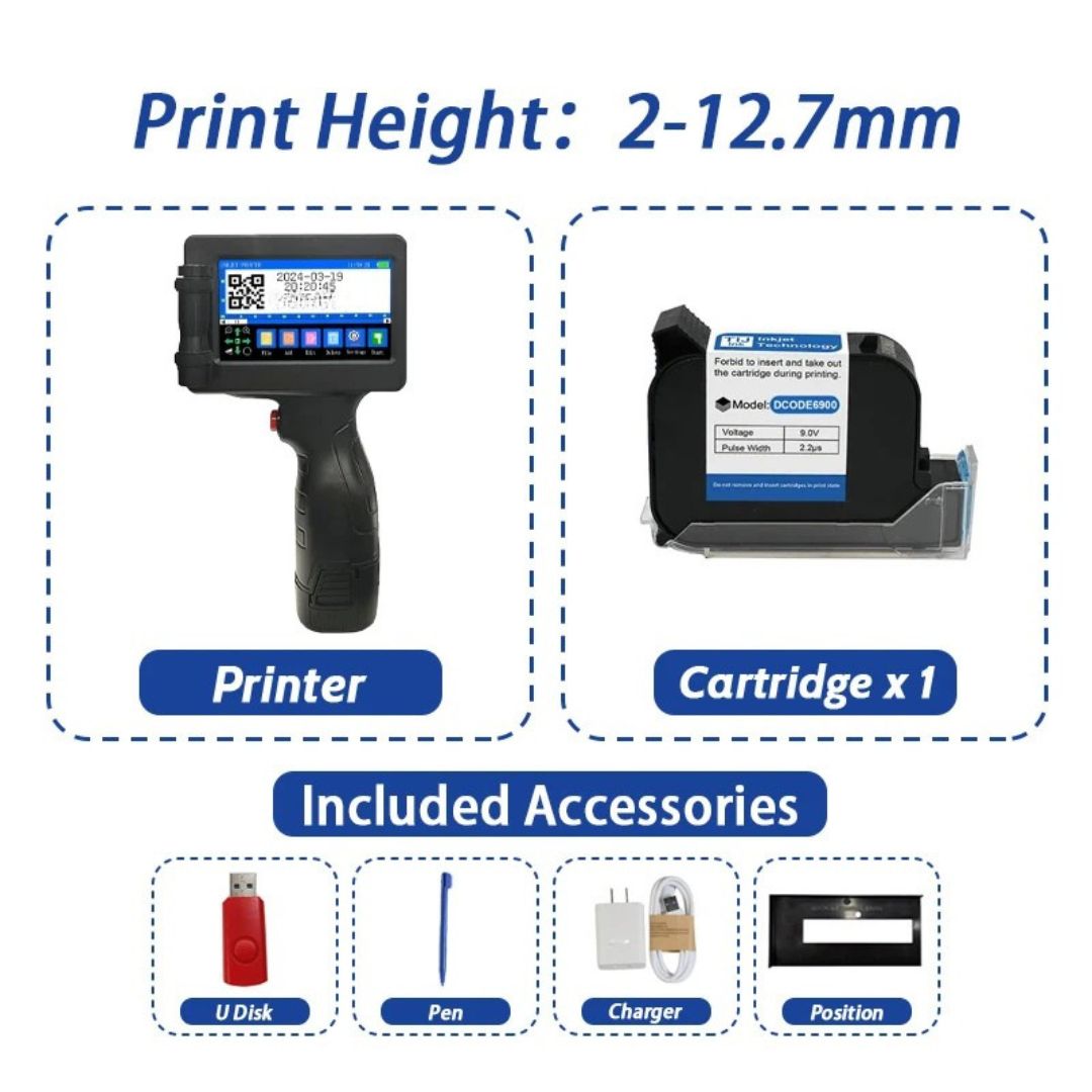 Handheld Inkjet Printer 12.7mm Portable 600DPI QR Barcode Logo Date Printer with 1 Ink Cartridge AU Plug