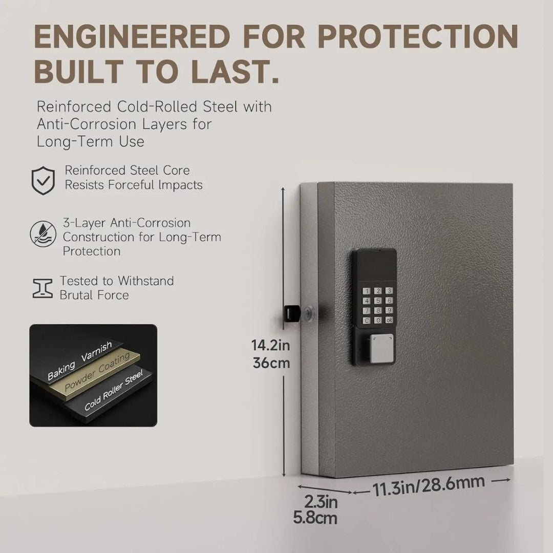 Key Lock Box 32 Key Wall Mounted Storage Cabinet with Bluetooth App Access PIN Code Unlocking and WiFi Gateway Black