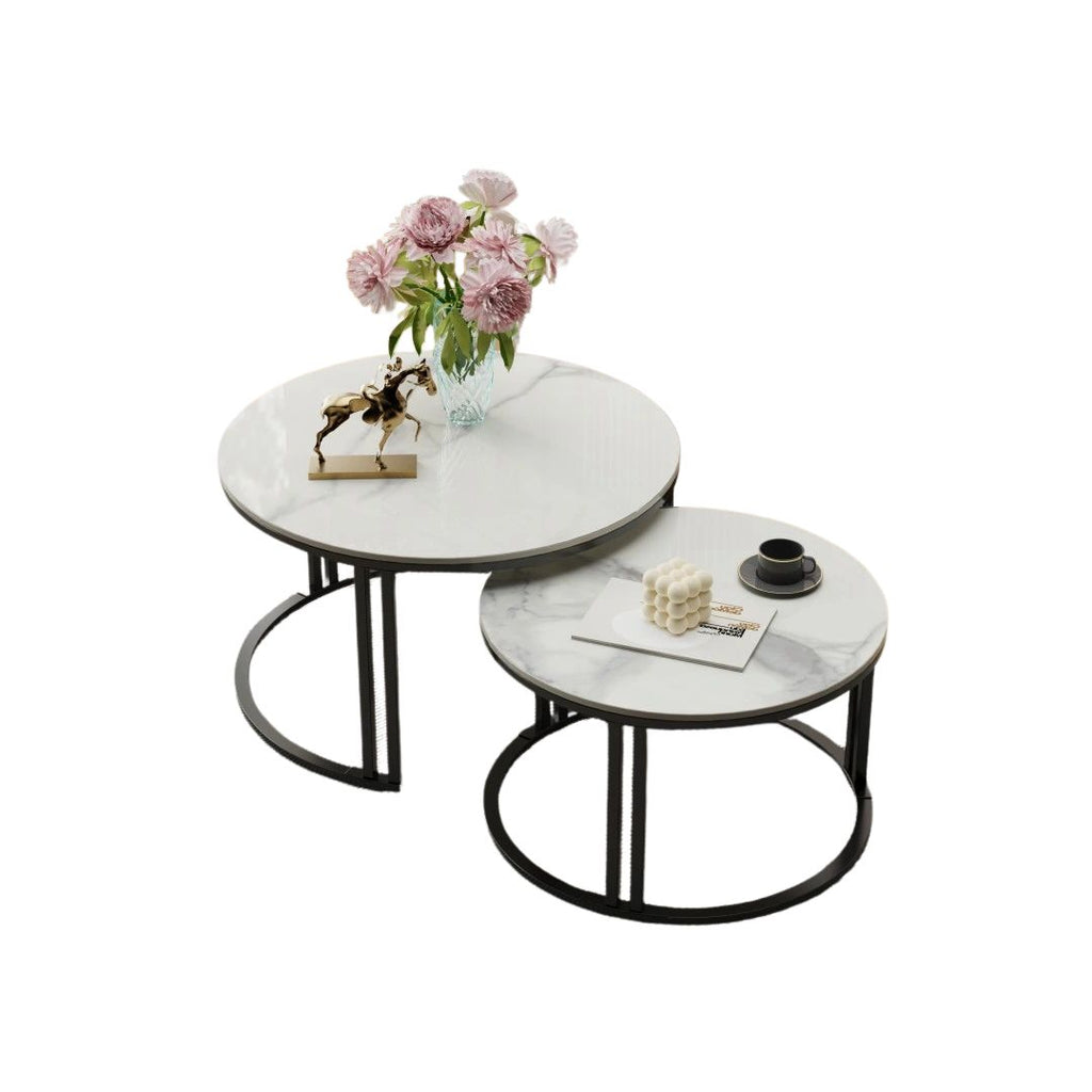 Round Marble Nesting Coffee Table 2 Pack White 70x40cm 57x35cm Space Saving Living Room Side Tables