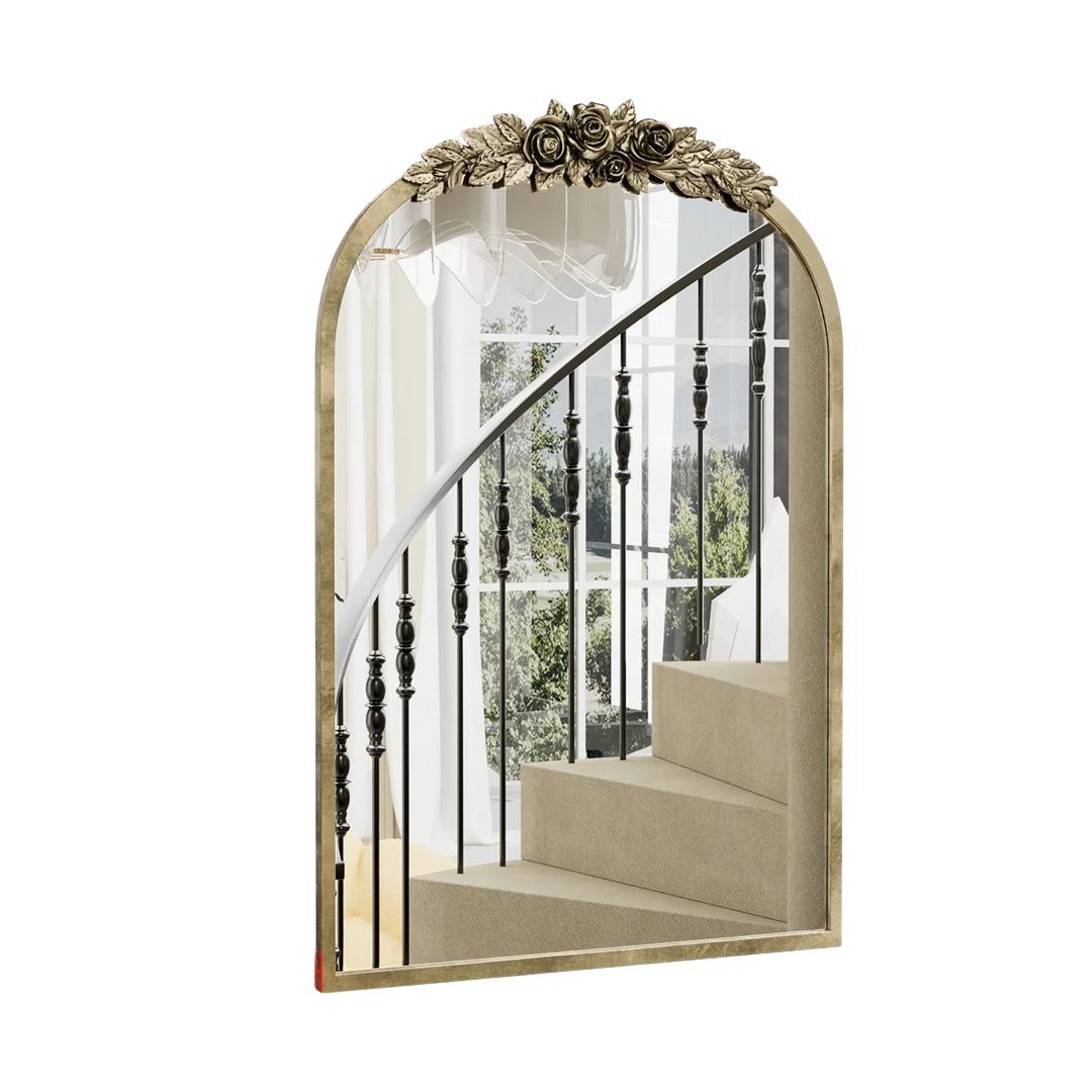 Vintage Baroque Arch Wall Mirror 75x50cm Gold Metal Frame Resin Rose Pattern Decorative Mirror