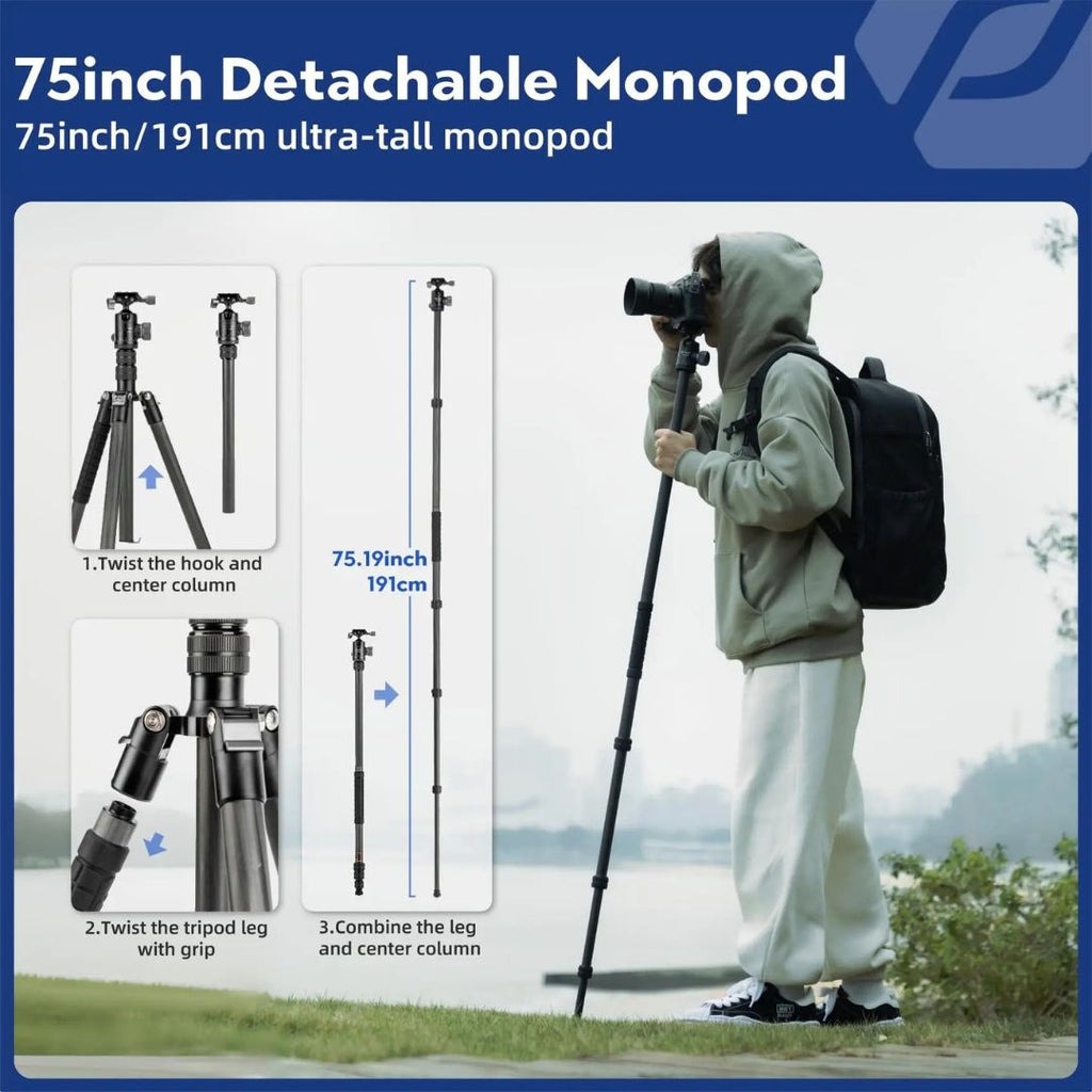 Carbon Fiber Travel Tripod 185cm Professional Camera Tripod with Ball Head and Detachable Monopod