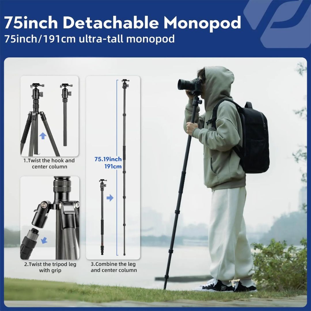 Carbon Fiber Travel Tripod 185cm Professional Camera Tripod with Ball Head and Detachable Monopod