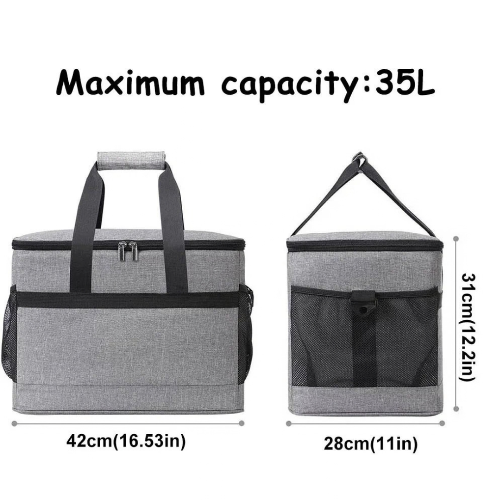 35L Large Capacity Collapsible Cooler Bag Insulated Lunch Box Picnic Cooling Bag Outdoor Travel Camping BBQ Party Grey 42×28×31cm