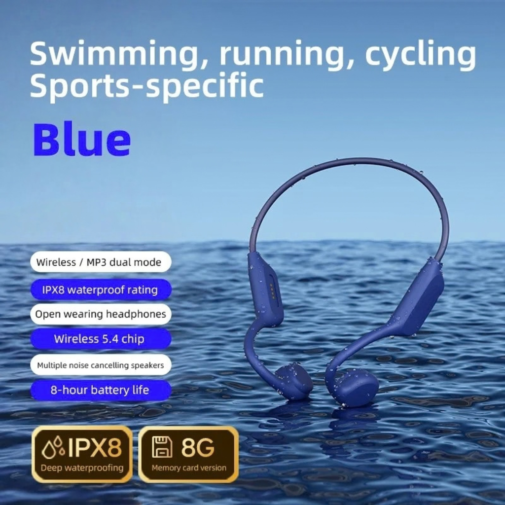 Bone Conduction Headset Bluetooth 5.3 Wireless Headphones with Microphone Waterproof Swim Sports Earphones Azure Blue 8GB