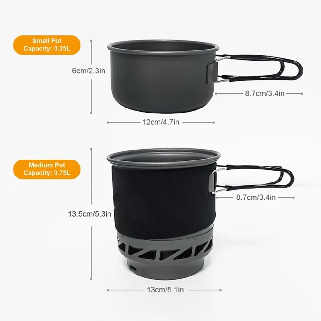 Camping Cooking Set with Stove Pot Pan Heat Exchanger Outdoor Propane Cookware Gear Black 1L 13.5 × 13cm