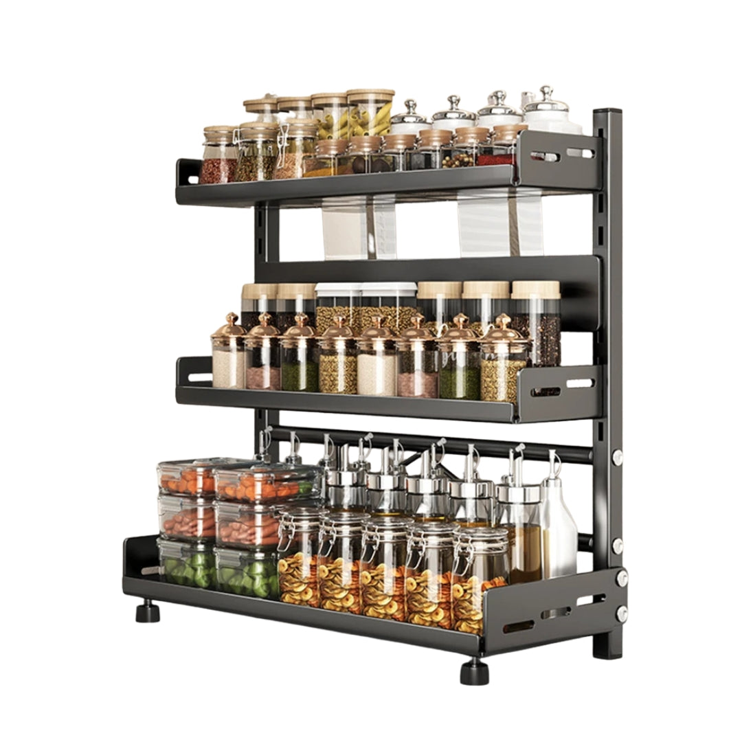 3 Tier 40cm Spice Rack Adjustable Kitchen Countertop Organizer Metal Shelf Cabinet Storage Stand Black 40 × 16 × 54cm