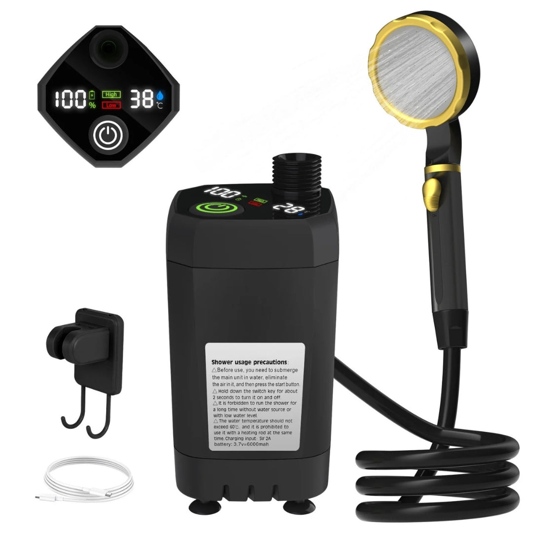 Portable Camping Shower Pump Kit with Digital Display 6000mAh Battery Outdoor RV Shower Black Full Screen