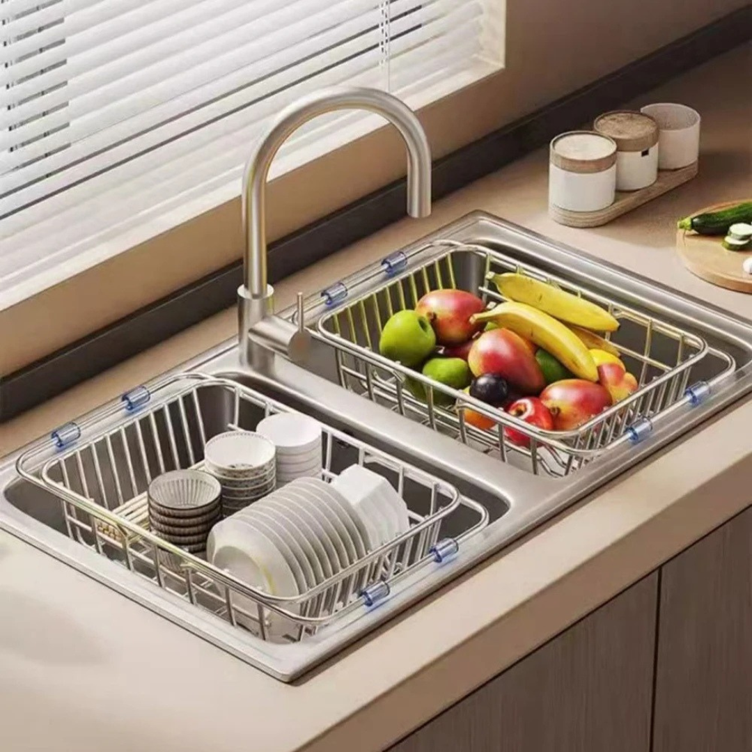 Stainless Steel Telescopic Sink Drain Rack Non Slip Dish Drying Kitchen Bathroom Countertop Organizer Adjustable 38-54×28×10.5cm
