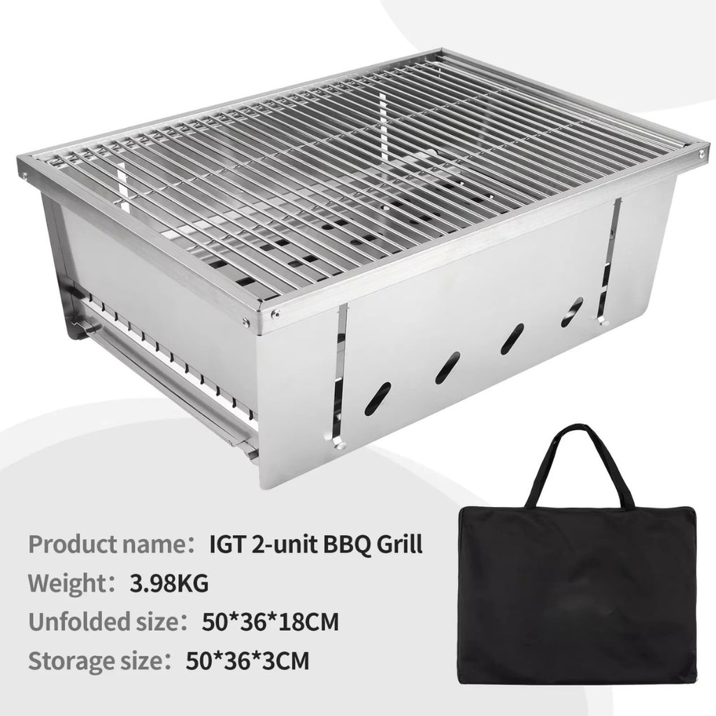 Stainless Steel BBQ Grill 2 Unit Portable Outdoor Camping Stove Folding Firewood IGT Table Barbecue Silver 50 × 36 × 18cm