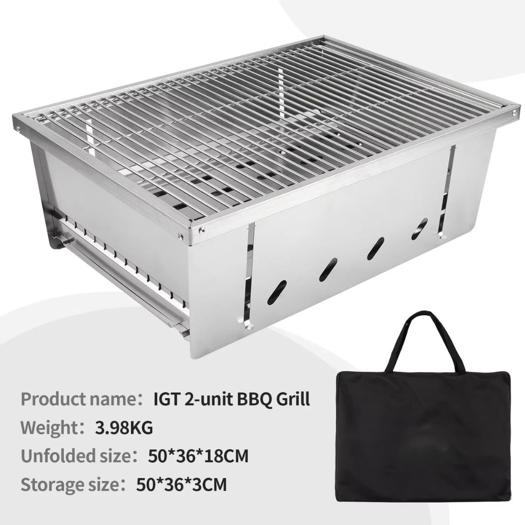 Stainless Steel BBQ Grill 2 Unit Portable Outdoor Camping Stove Folding Firewood IGT Table Barbecue Silver 50 × 36 × 18cm