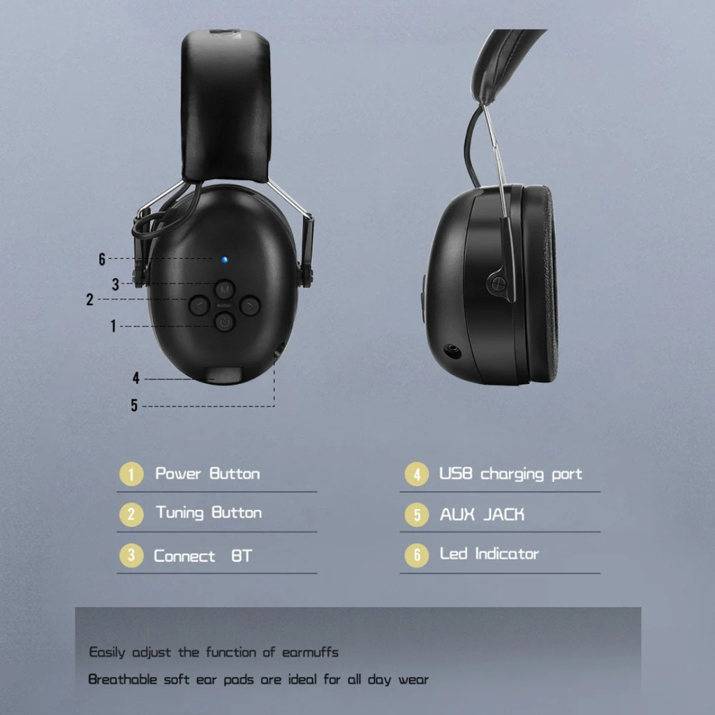 Electronic Bluetooth 5.0 Headphones Earmuffs Hearing Protection Noise Reduction Music Wireless Charging Safety Headset Black