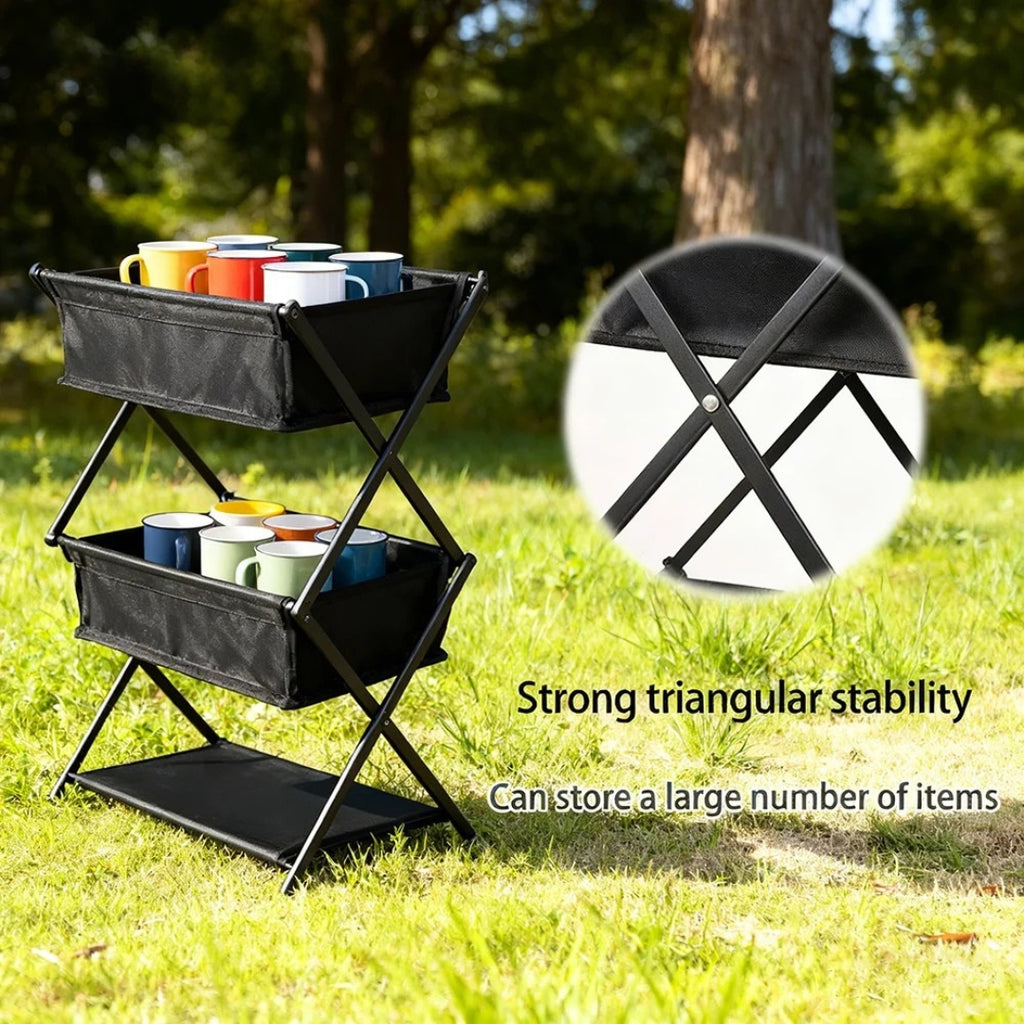 3 Layer Folding Camping Storage Rack Outdoor BBQ Shelf Multifunctional Portable Organiser Stand Black 31 × 42 × 79cm