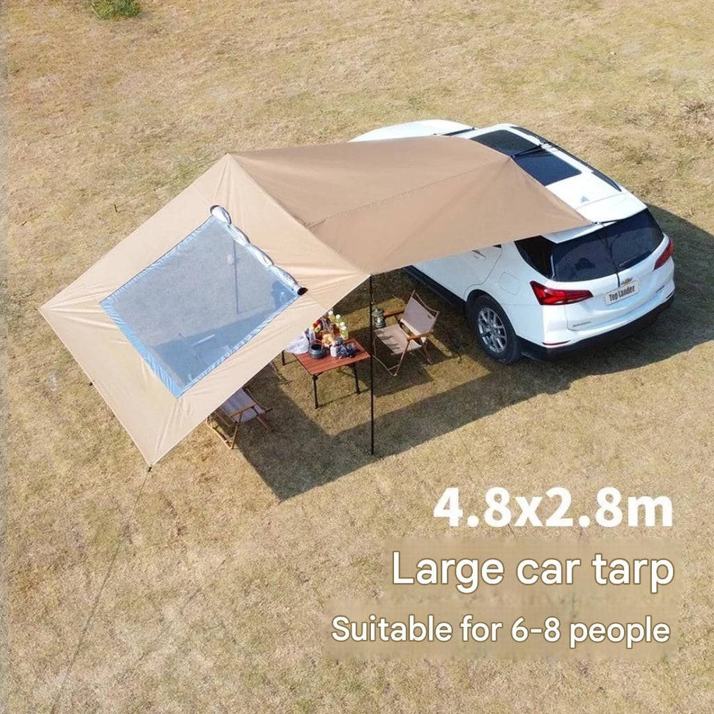Car Awning Tarp with Mesh Skylight SUV Camping Shelter Waterproof Outdoor Sun Shade Canopy Khaki 280 × 480cm