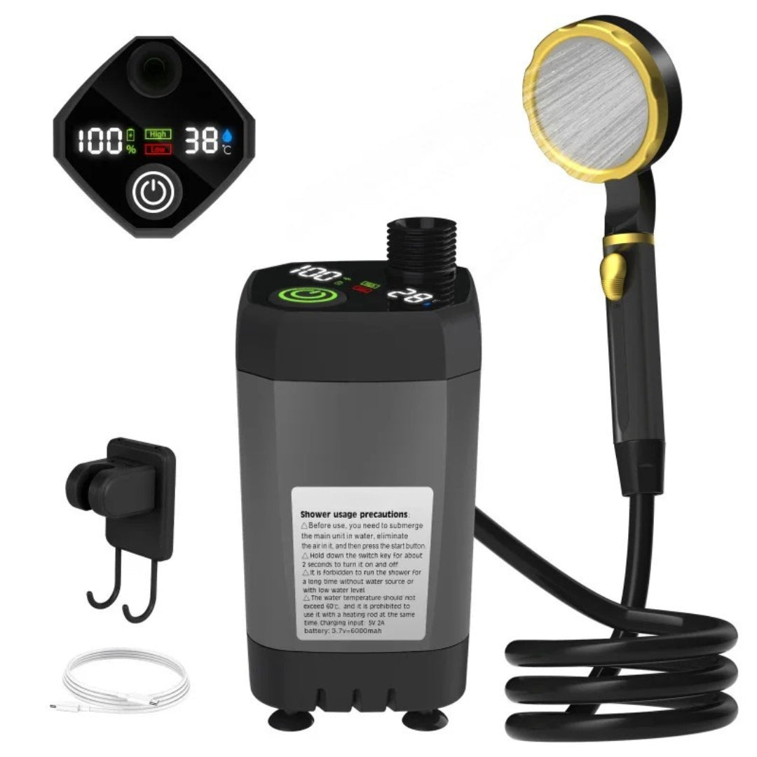 Portable Camping Shower Pump Kit with Digital Display 6000mAh Battery Outdoor RV Shower Gray Full Screen