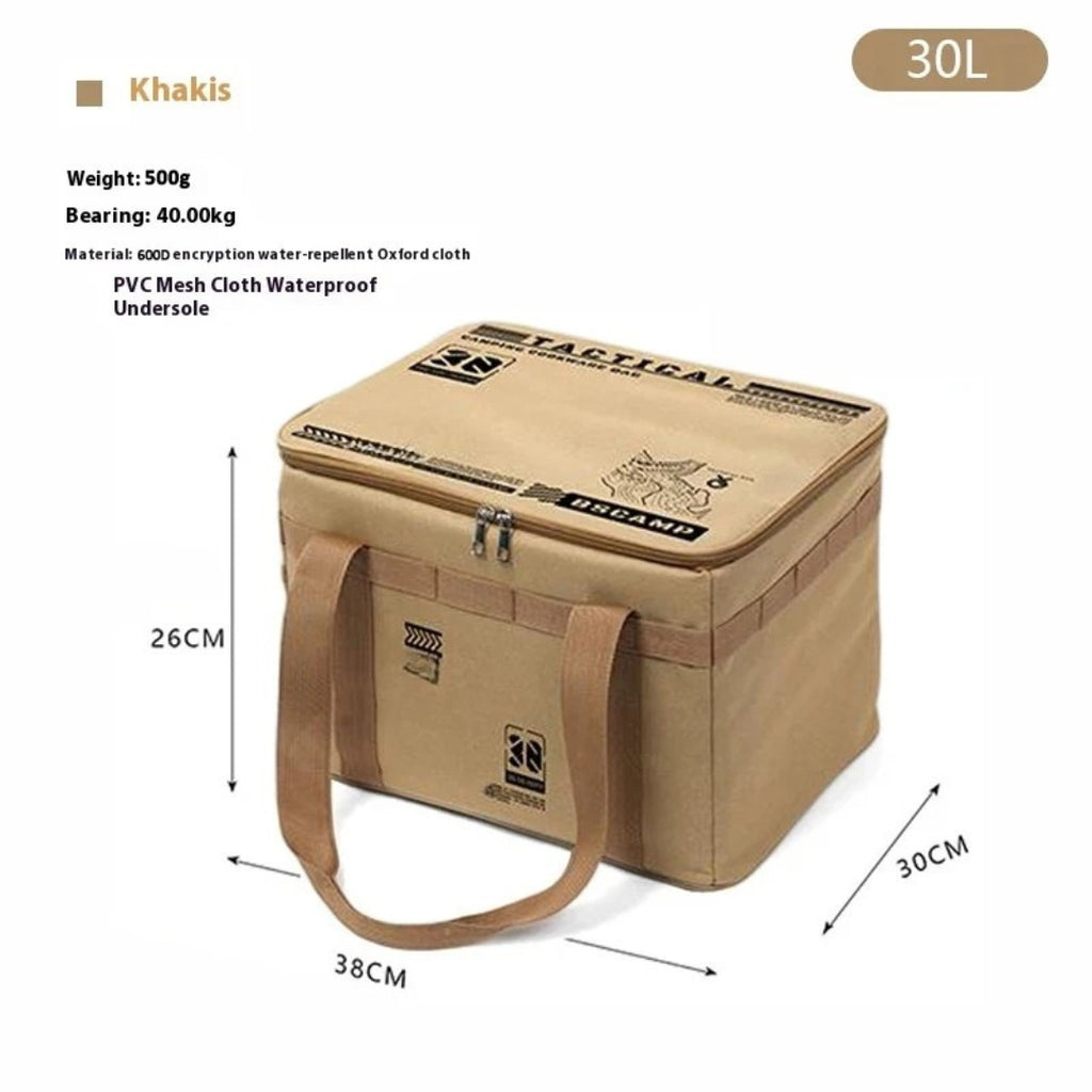 30L Insulated Waterproof Tactical Camping Storage Bag Foldable Picnic Tableware Cooking Gear Box Outdoor Organizer Khaki