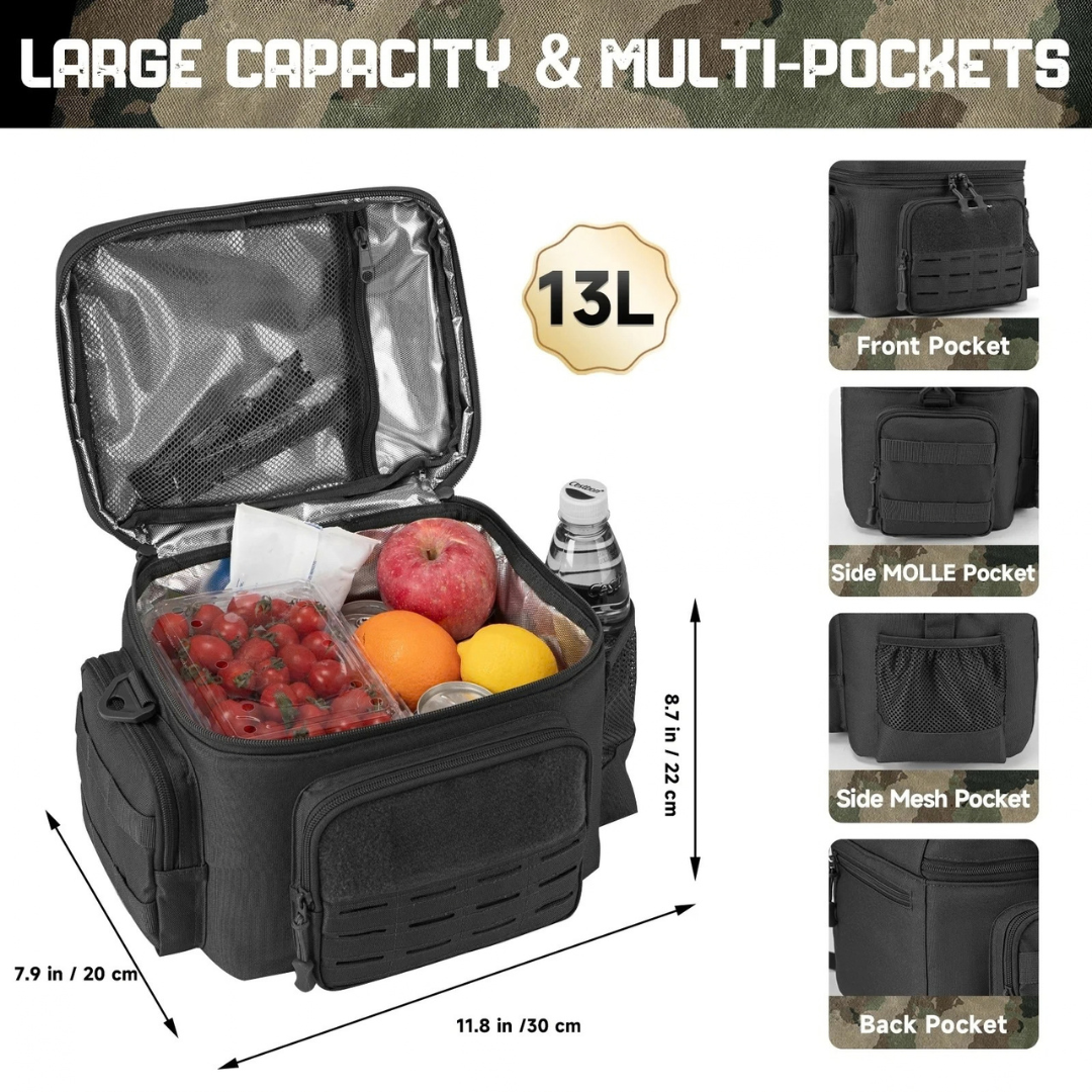 Tactical Thermal Cooler Bag Heavy Duty Insulated Lunch Box Leakproof Durable Meal Bag for Men Work Camping Picnic Black 30×20×22cm