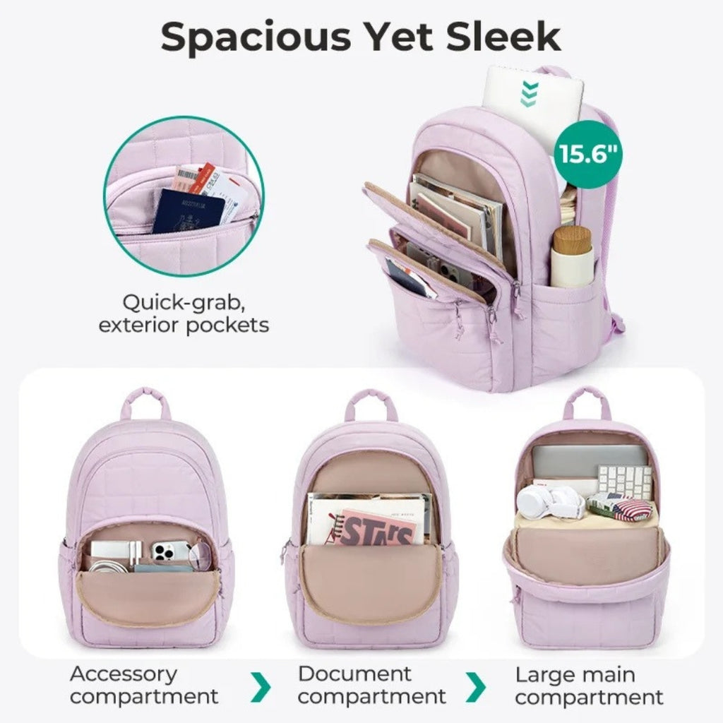 Quilted School Backpack for Girls Water Resistant Laptop Bookbag Casual College Daypack 39.6cm Laptop Lavender 30 × 20 × 44cm