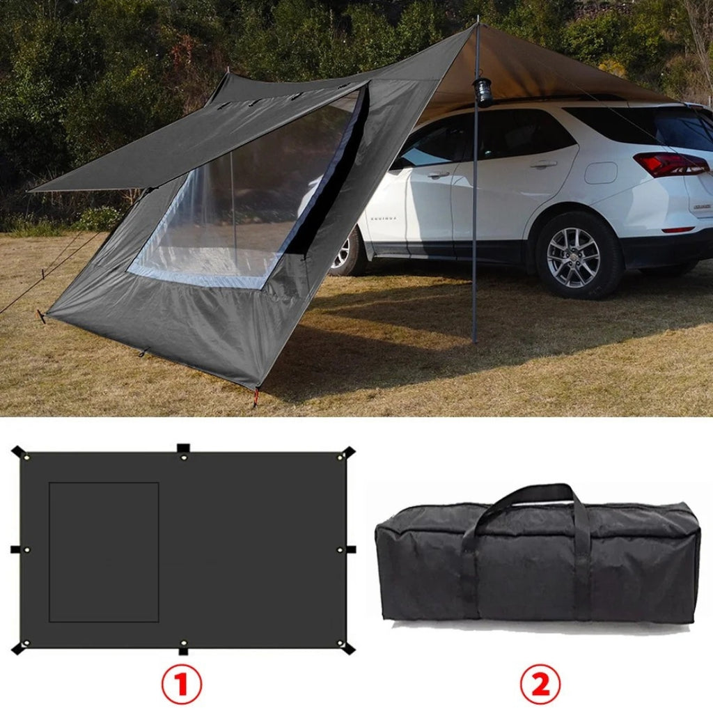 Car Awning Tarp with Mesh Skylight SUV Camping Shelter Waterproof Outdoor Sun Shade Canopy Black 280 × 480cm