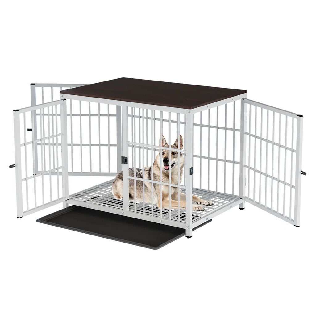 Dog Crate Furniture Style Pet Kennel Wooden End Table with 3 Doors Removable Tray Indoor Cage for Small Medium Large Dogs White 107.5x71.5x81cm