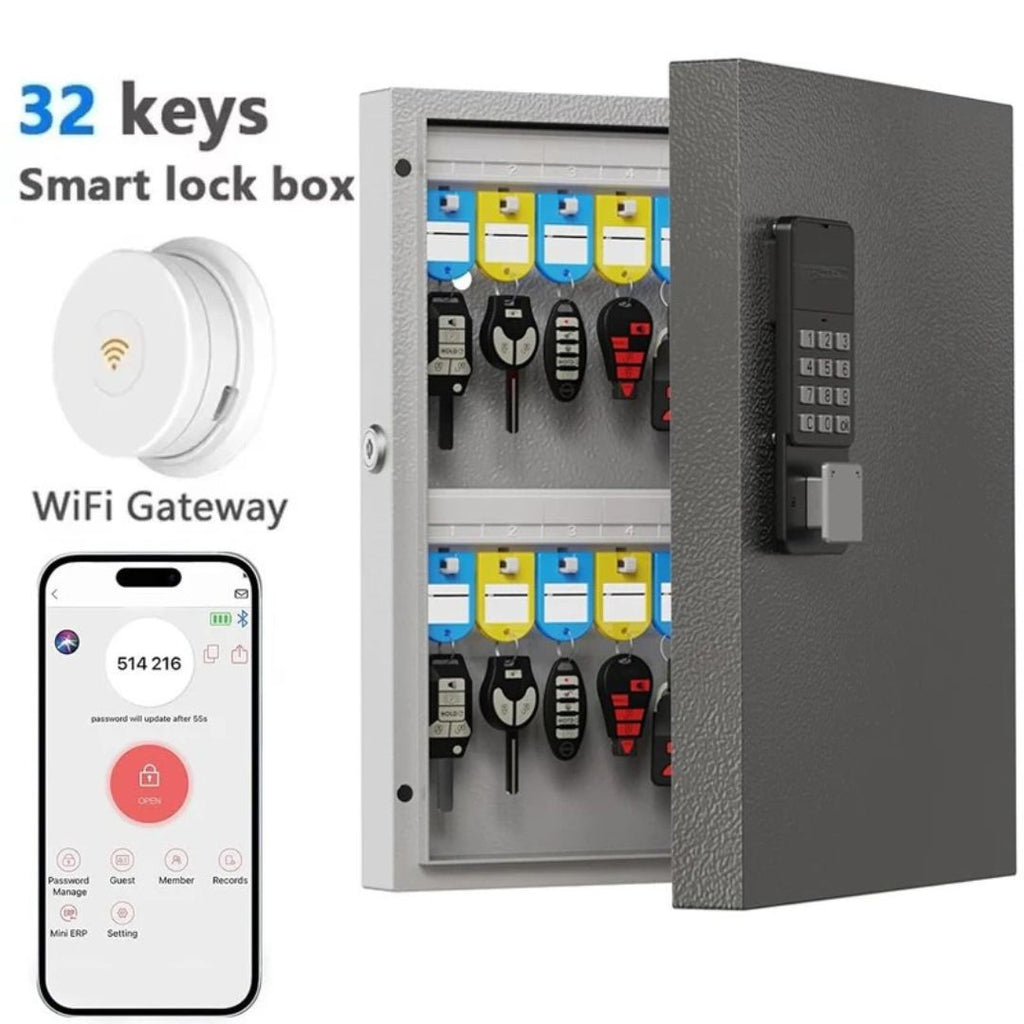 Key Lock Box 32 Key Wall Mounted Storage Cabinet with Bluetooth App Access PIN Code Unlocking and WiFi Gateway Black