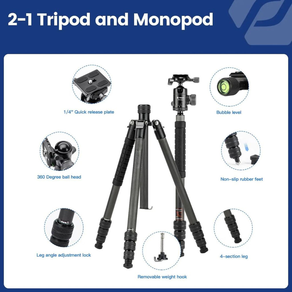 Carbon Fiber Travel Tripod 185cm Professional Camera Tripod with Ball Head and Detachable Monopod