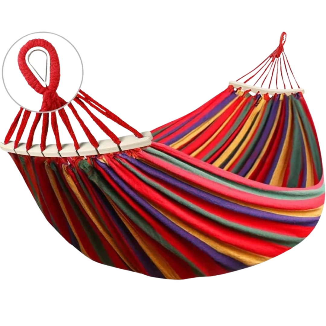 Canvas Double Camping Hammock with Curved Wooden Poles Red 220 x 150 cm