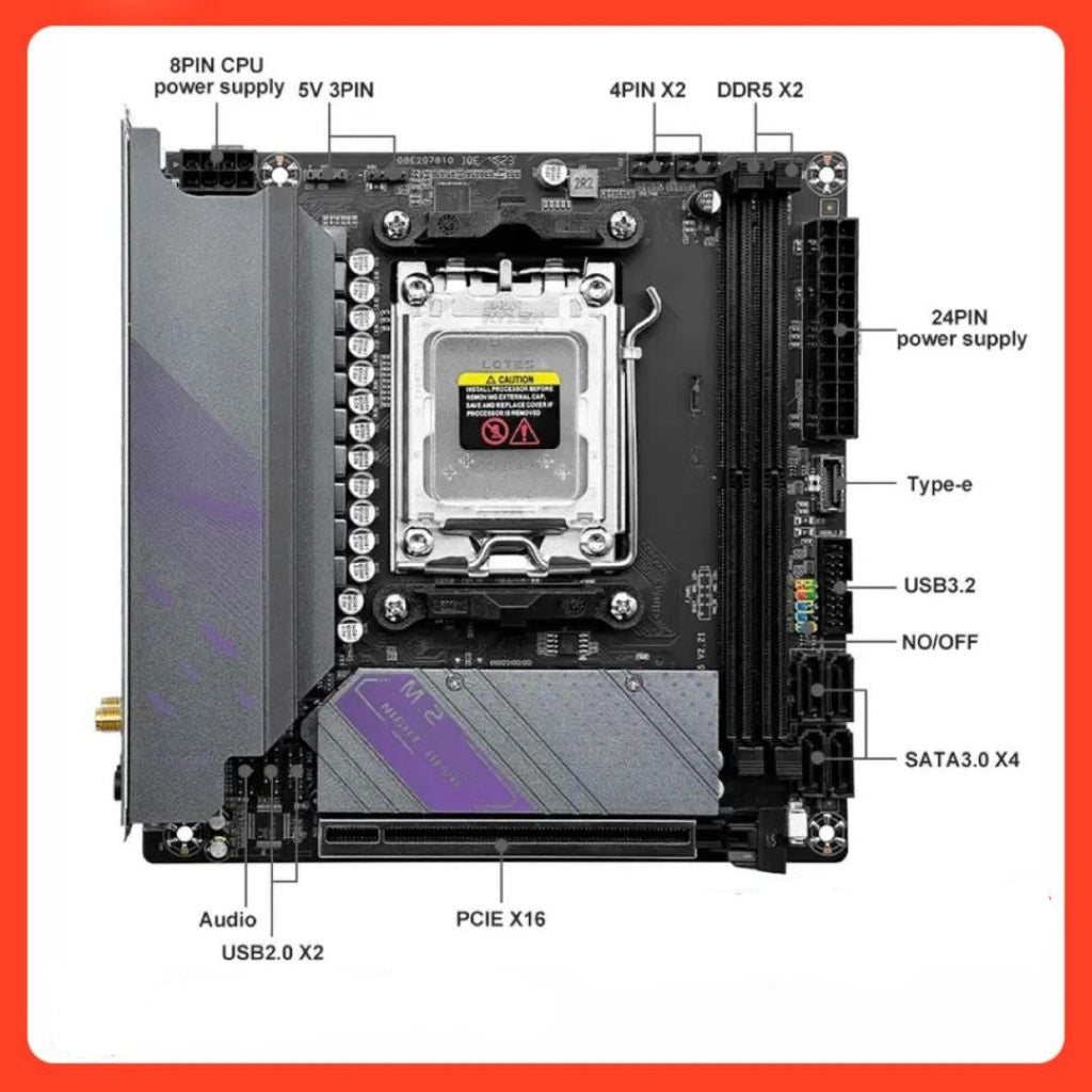 Mini-ITX Motherboard, AM5, DDR5, Compatible with AMD Ryzen 7000 Series, M.2 and PCIe Support, 17 × 17 cm