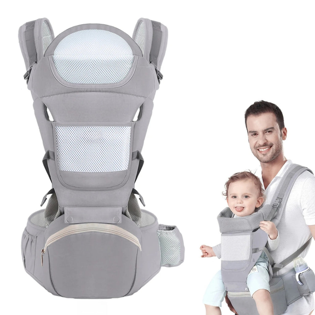 Ergonomic Baby Carrier Multifunctional Waist Stool Infant Toddler Kangaroo Bag Adjustable Front Back Carry Cotton Gray