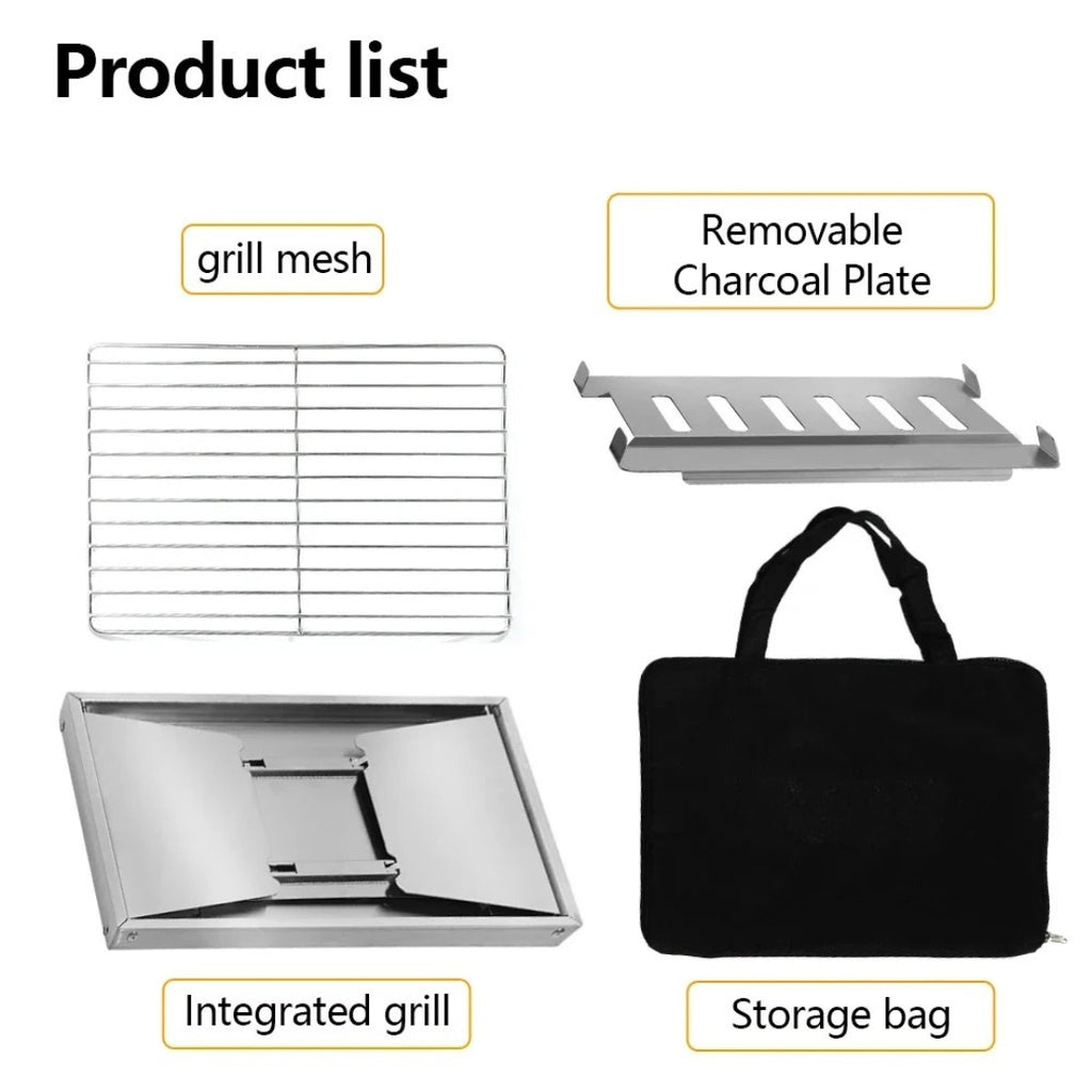 Stainless Steel BBQ Grill Portable Outdoor Camping Stove Folding Firewood IGT Table Barbecue Cooker Silver 35.5 × 25 × 15cm