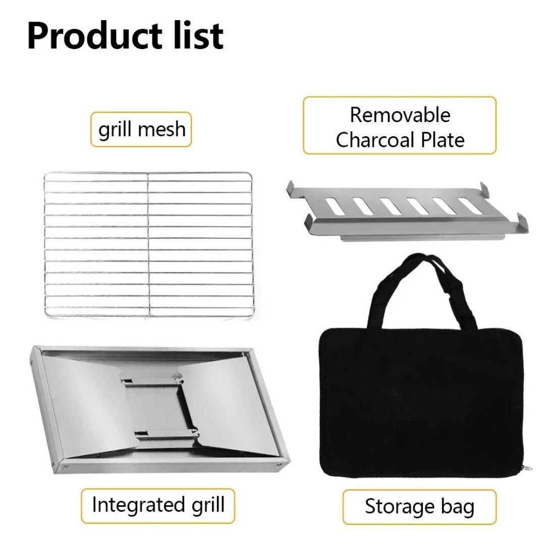 Stainless Steel BBQ Grill Portable Outdoor Camping Stove Folding Firewood IGT Table Barbecue Cooker Silver 35.5 × 25 × 15cm