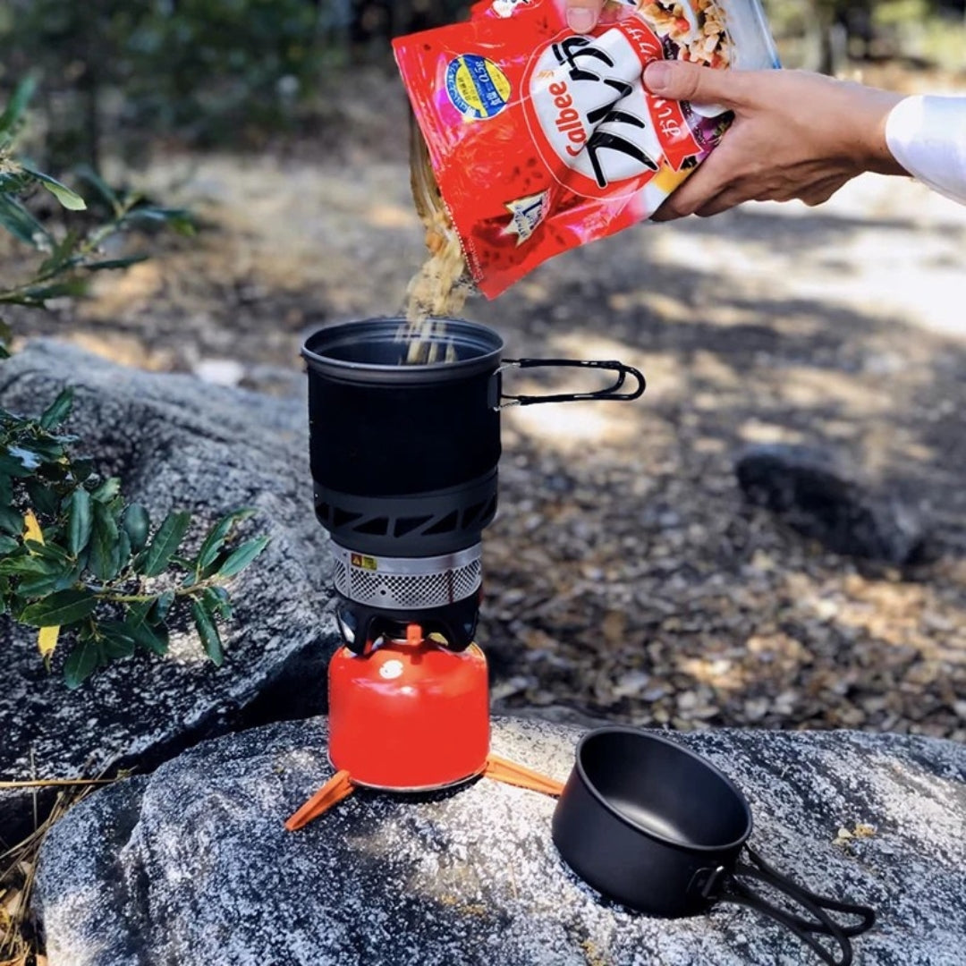 Camping Cooking Set with Stove Pot Pan Heat Exchanger Outdoor Propane Cookware Gear Black 1L 13.5 × 13cm