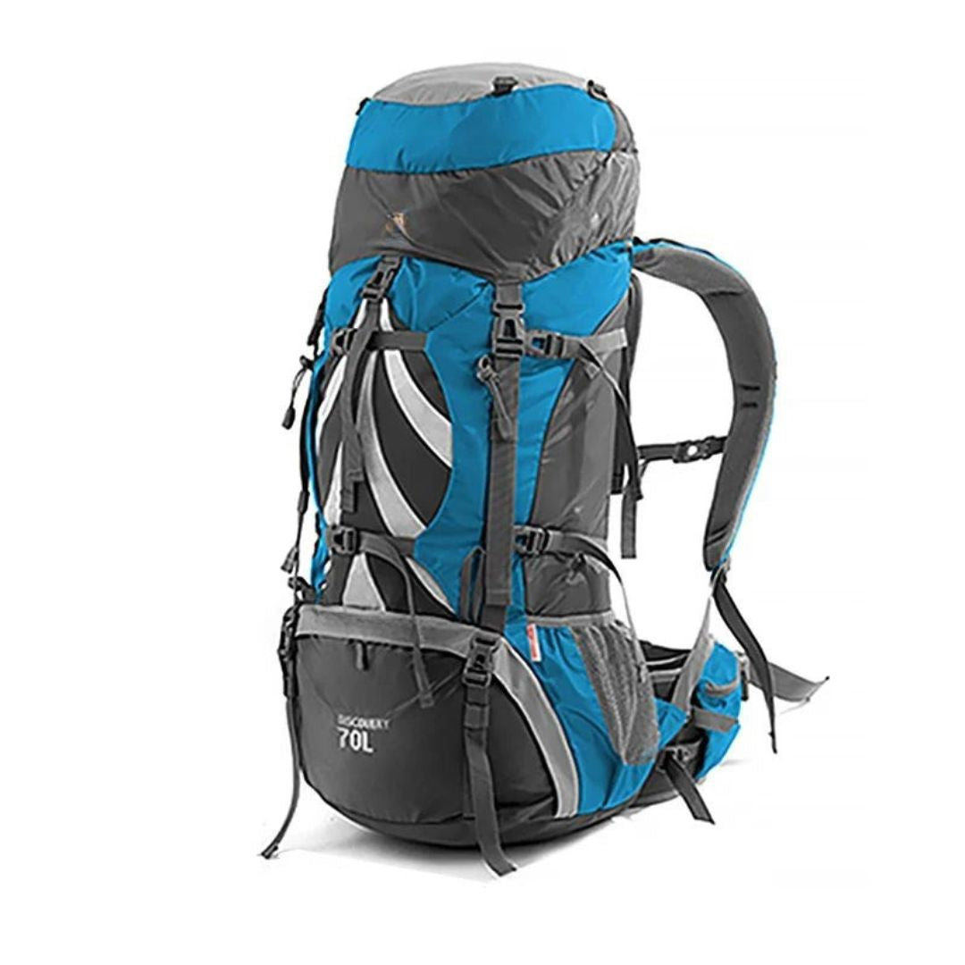 70L Camping Backpack Ergonomic Hiking Rucksack with Rain Cover Outdoor Travel Bag Blue 75x33x27cm