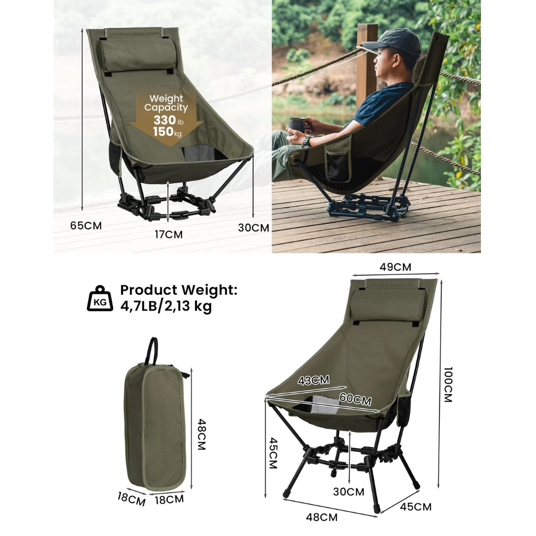 Folding Camping Chair High Back Outdoor Fishing Trekking BBQ Garden Beach Tourist Chair Indoor Use Army Green 49 × 60 × 100cm