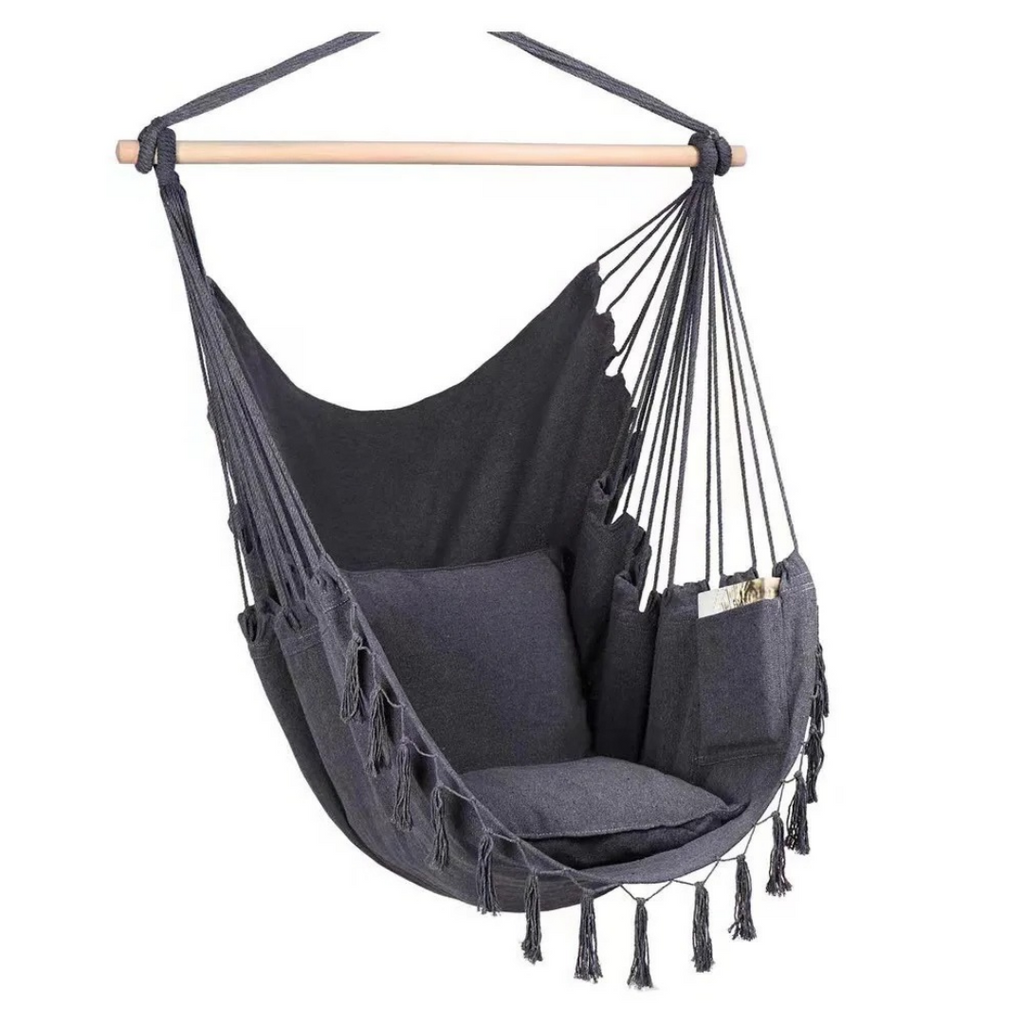 Macrame Hanging Chair with 2 Pillows Black Cotton Rope Swing 226.8 kg Capacity Indoor Outdoor
