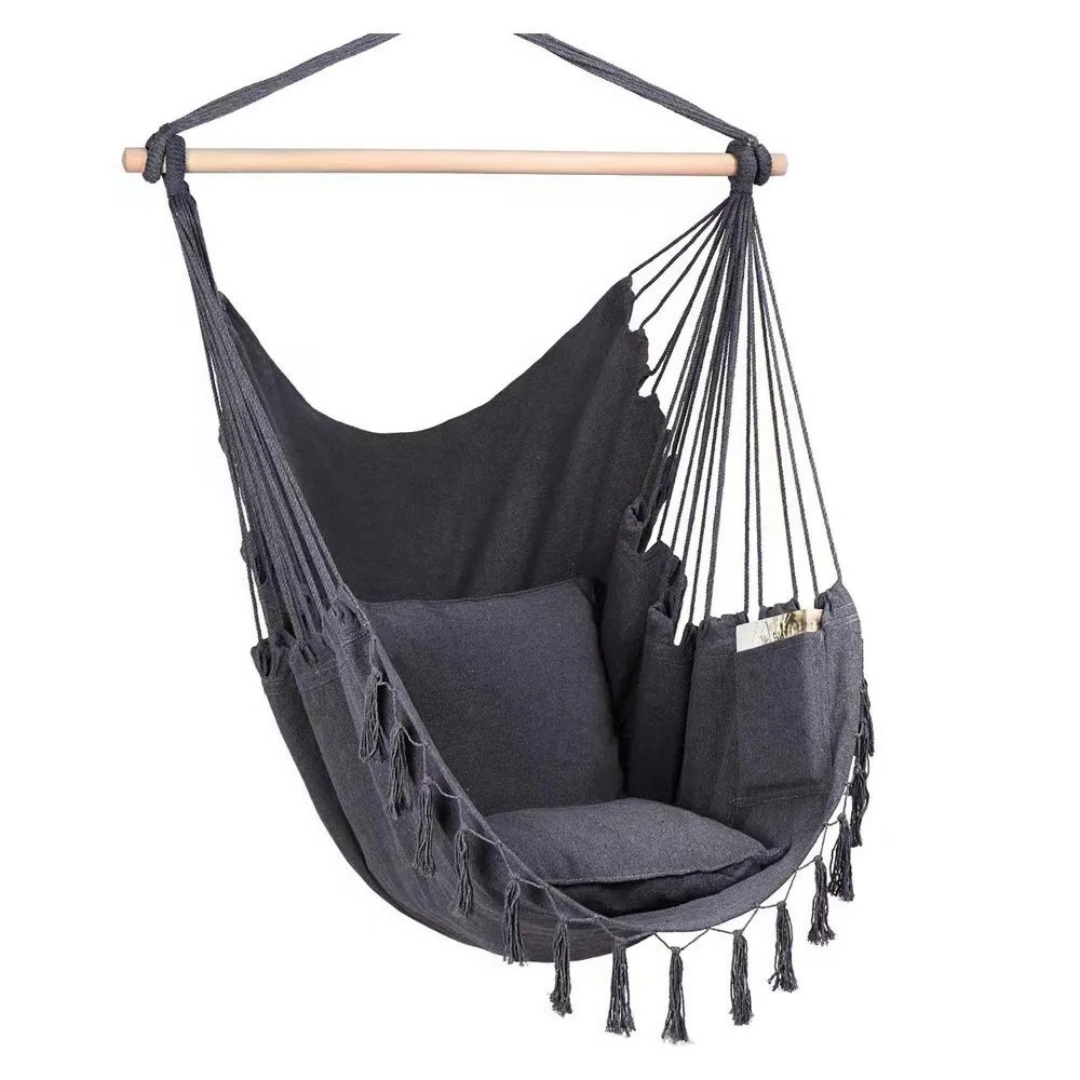 Macrame Hanging Chair with 2 Pillows Black Cotton Rope Swing 226.8 kg Capacity Indoor Outdoor