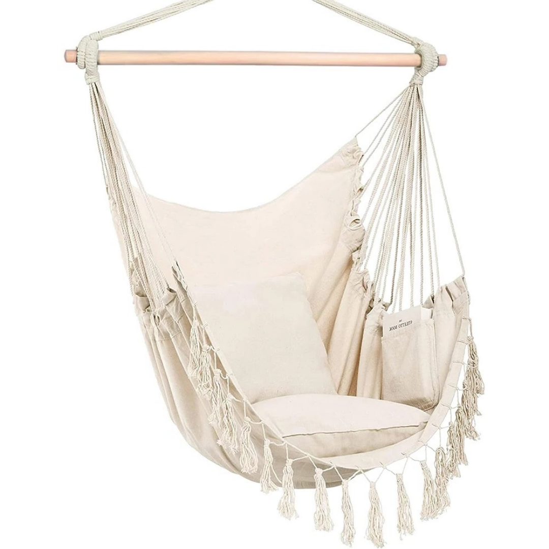 Macrame Hanging Chair with 2 Pillows White Cotton Rope Swing 226.8 kg Capacity Indoor/Outdoor