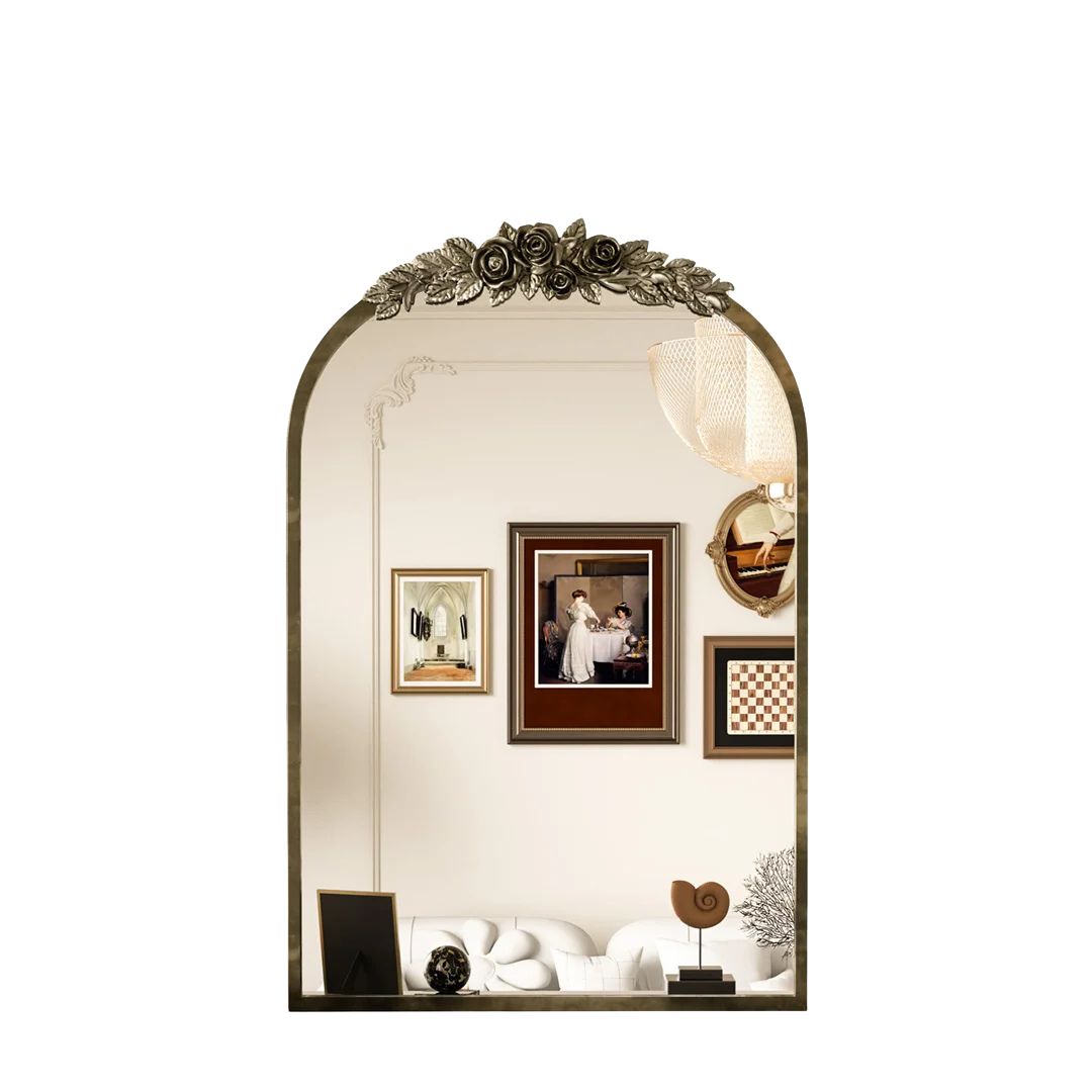 Vintage Baroque Arch Wall Mirror 91.6x60.5cm Gold Metal Frame Resin Rose Pattern Decorative Mirror