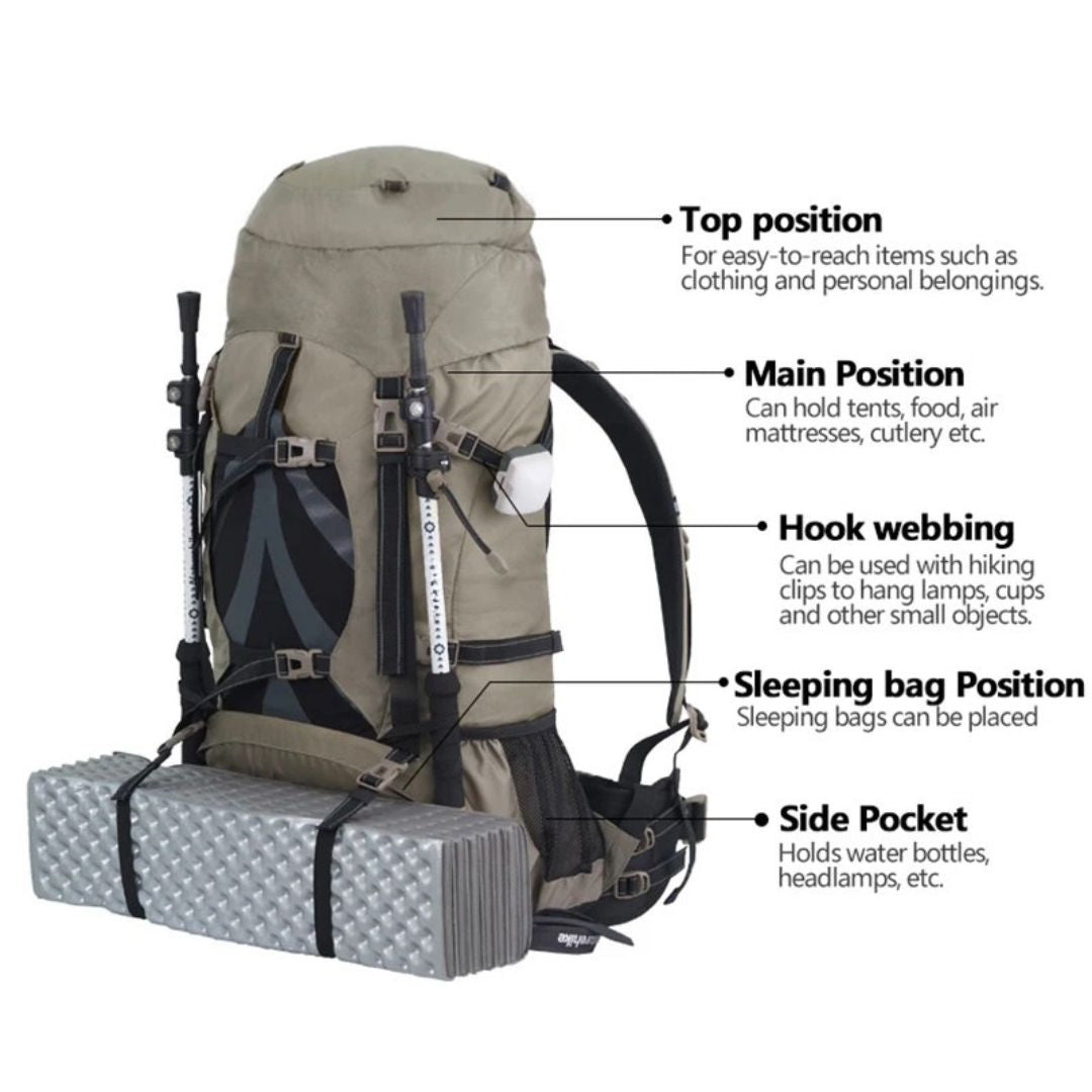 70L Camping Backpack Ergonomic Hiking Rucksack with Rain Cover Outdoor Travel Bag Brown 75x33x27cm